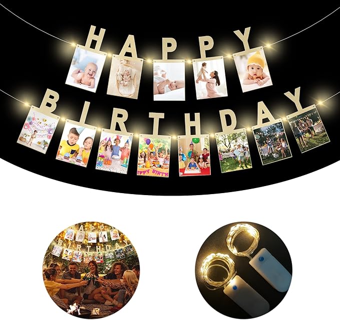 Birthday Photo Banner with 2 Strings of Fairy Lights for Children and Adult Birthday Party Decorations, Annual Milestone Happy Birthday Banner (Gold)