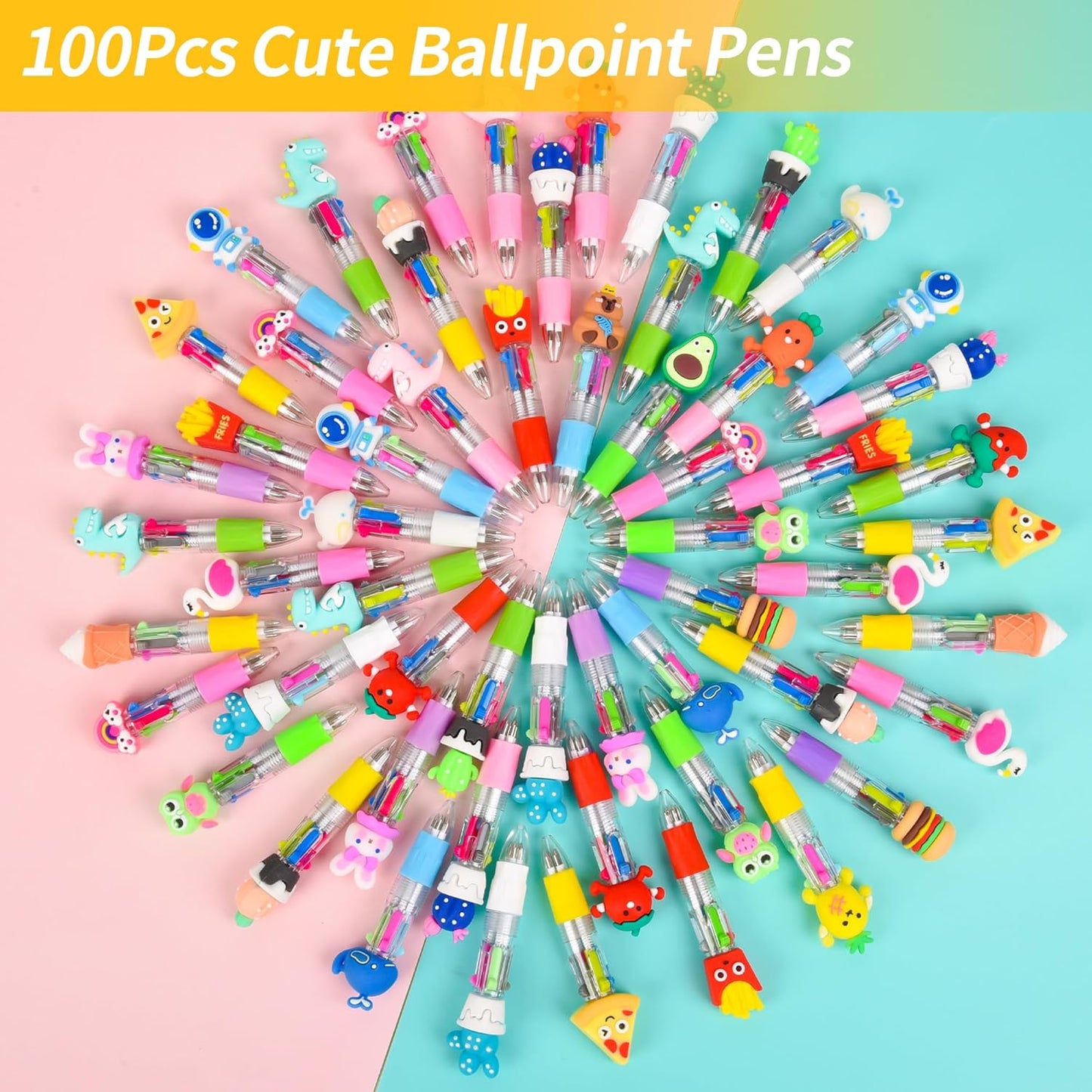 LiYiQ 100 PCS Multicolor Pen in One Fun 4-in-1 Cute Pens Bulk Kawaii Cool Ballpoint Pens for Kids Fun Gifts