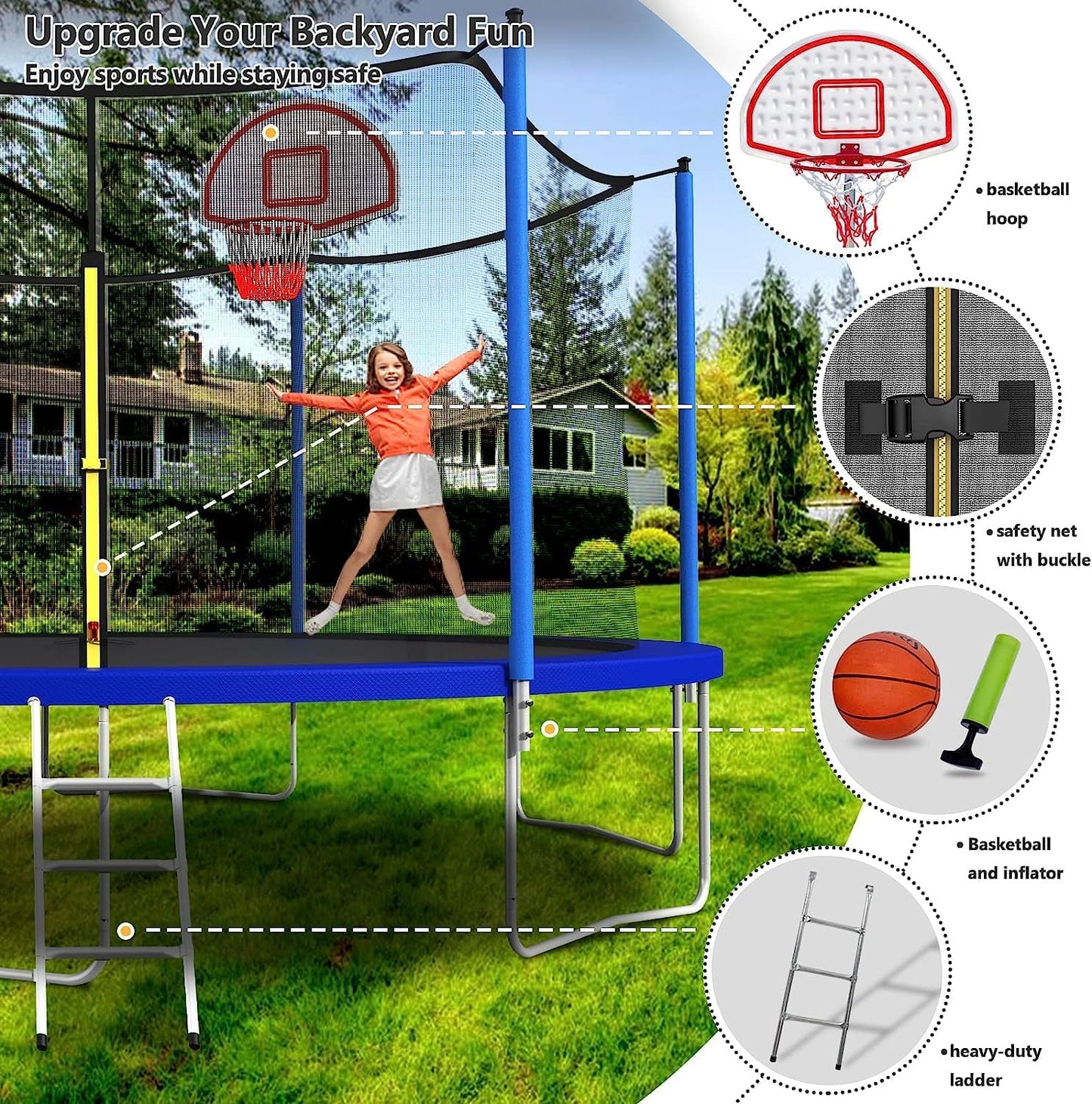 Upgraded 10/12/14/15/16FT Trampoline Outdoor, Large Kids Trampoline with Light, Stakes, Sprinkler, Backyard Trampoline with Basketball Hoop and Net, Capacity for 4-6 Kids and Adults
