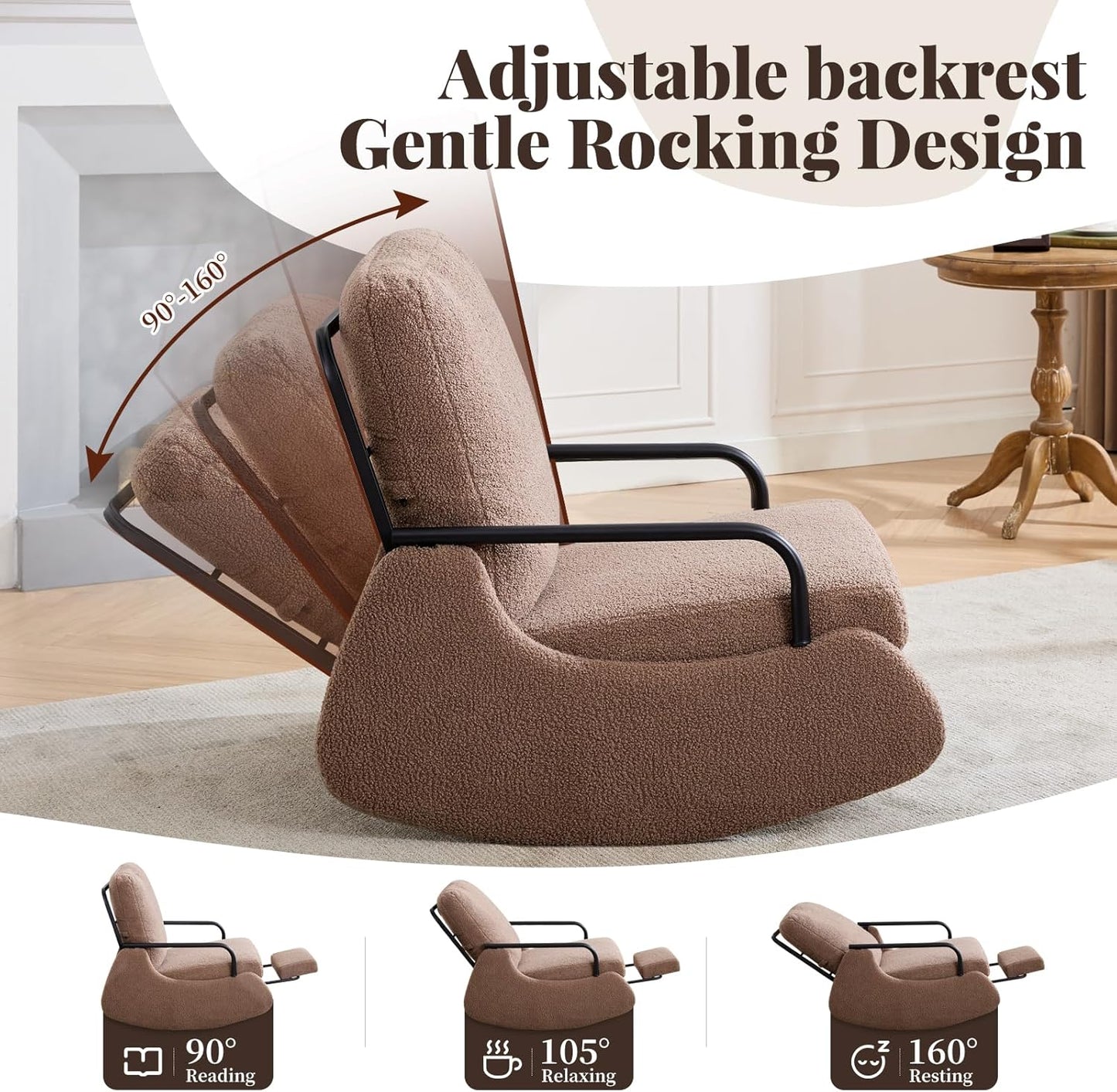 Nursery Rocking Chair, Teddy Upholstered Glider Rocker Modern Accent Chair Padded Seat with High Backrest,Comfy Side Chair for Nursery,Living Room Bedroom Offices (Brown)