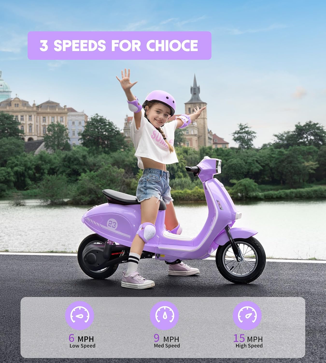 Kids Motorcycle, 2 Wheel Electric Motorcycle for Girls Ages 8-14, 24V Ride on Toys with Music, Story, Headlight, 3 Speed Options, Up to 60min Ride Time, for Riders up to 143 lbs, Easy Assemble, Purple
