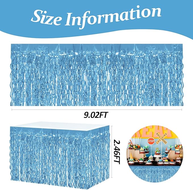 4P Wavy Metallic Tinsel Foil Fringe Table Skirts for Rectangle Tables Backdrop Garland Curtains for Parade Floats Wedding Birthday Parties Decoration Graduation 2025 Christmas (Light Blue)