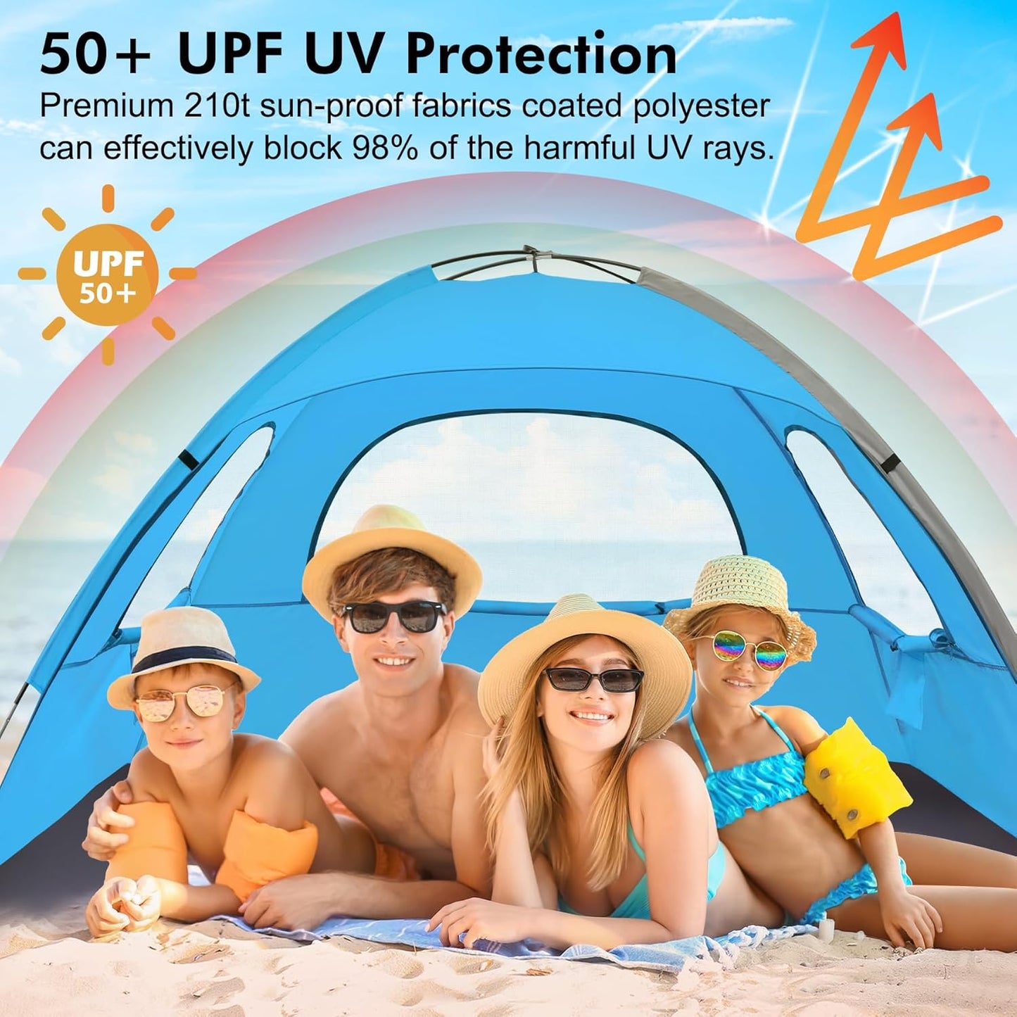 WhiteFang Beach Tent Anti-UV Portable Sun Shade Shelter for 3/4/6/8 Person, Extendable Floor with 3 Ventilating Mesh Windows Plus Carrying Bag, Stakes and Guy Lines