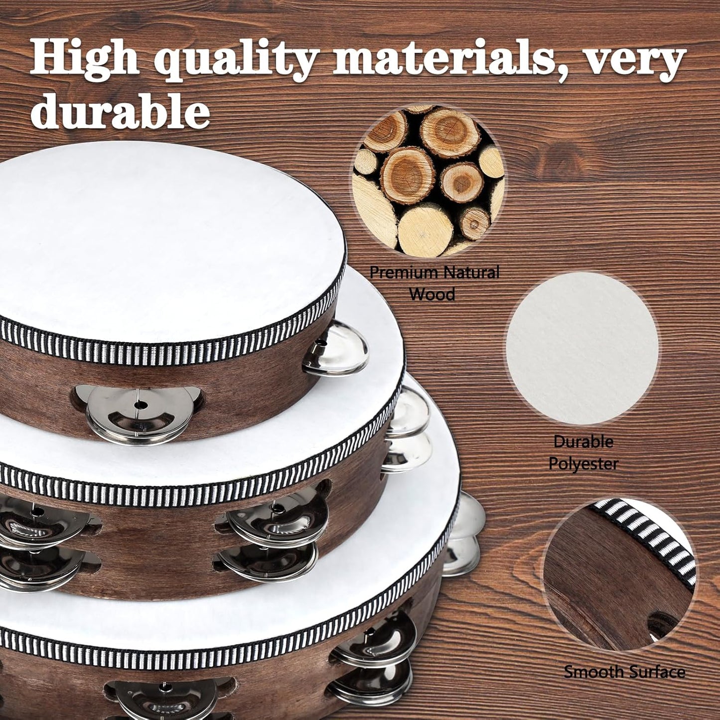 Wooden Hand Held Percussion Tambourine with Storage Bag - 6+8+10 Inches, Ideal for Church, Wedding, Party, Dance, Photo Shoot