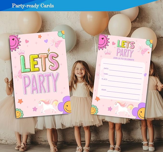 Preppy Patch Birthday Invitations for Girls, Let's Party Birthday Party Invitaions for Party Invites, 4x6 Inches, 30 Sets with Envelopes