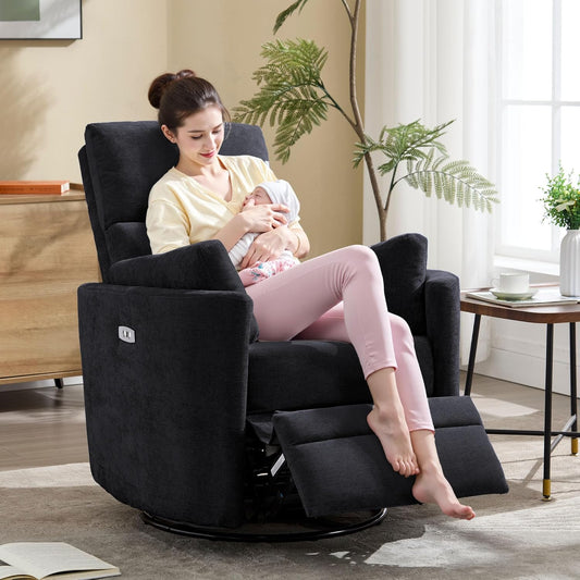 Recliner Swivel Glider Electric Rocking Chair with USB Port,Multifunction Upholstered Power Recliner Rocking Chair for Living Room Bedroom Nursery Adult with 2 Pillows(Black, Power-Driven)