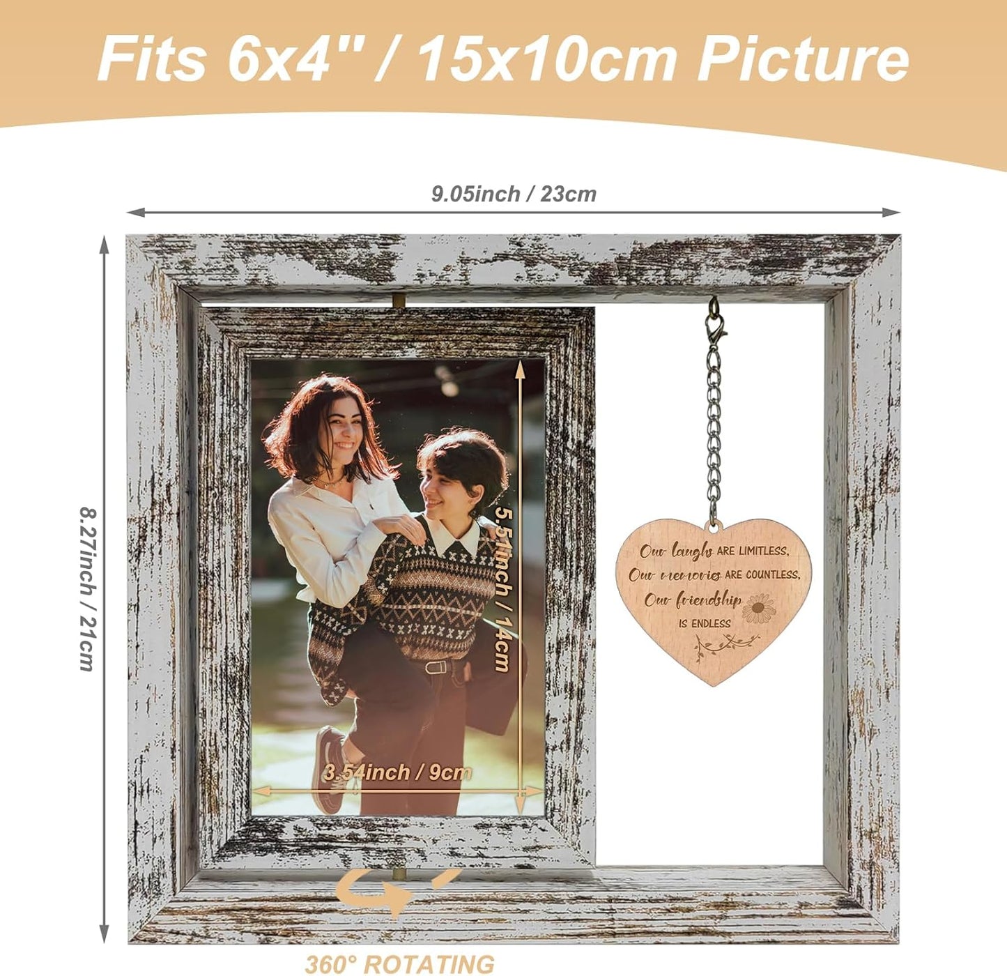 Friendship Picture Frame – Best Friend Frame Gifts for Women – Wooden 4x6 Photo Frame Holds 2 Photos – Rotating Vintage Design with Real Glass – “Our Friendship is Endless” Quote – Gift Box Included