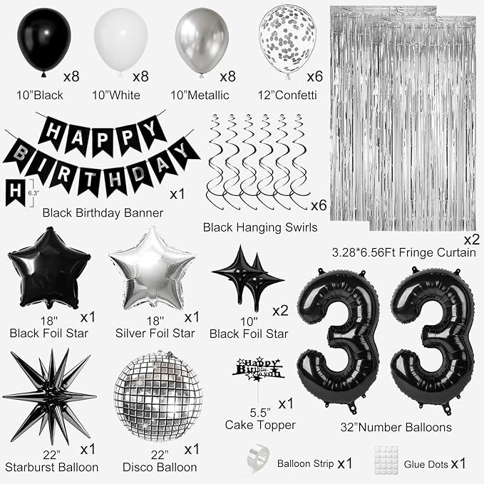 33rd Birthday Decorations for Men Women, Black Silver Happy Birthday Party Decorations， 33 Year Old Party Supplies with Number 33 Balloons, Banner, Fringe Curtains Kit