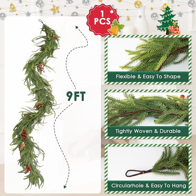 9FT Norfolk Pine Garland Christmas Artificial Greenery with Red Berries Cones, Pine Tree Decor for Mantel Fireplace Stair Rail Doorway Table, Indoor Outdoor Winter Christmas Decorations