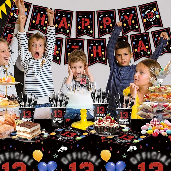 123pcs 13th Red and Black Party Decorations,Happy Birthday Banner Flags Paper,cups Straws Forks Cake Toppers Dessert plates Tablecloths and dinner plates,Officially a Teenager 13th Birthday Supplies