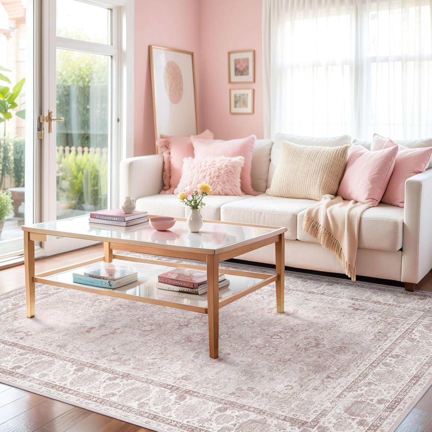 Light Pink 4x6 Rugs for Bedroom Nursery Rug Vintage Aesthetic Cute Boho Floral Washable Area Rug Indoor Carpet for Kids Room Playroom Living Room