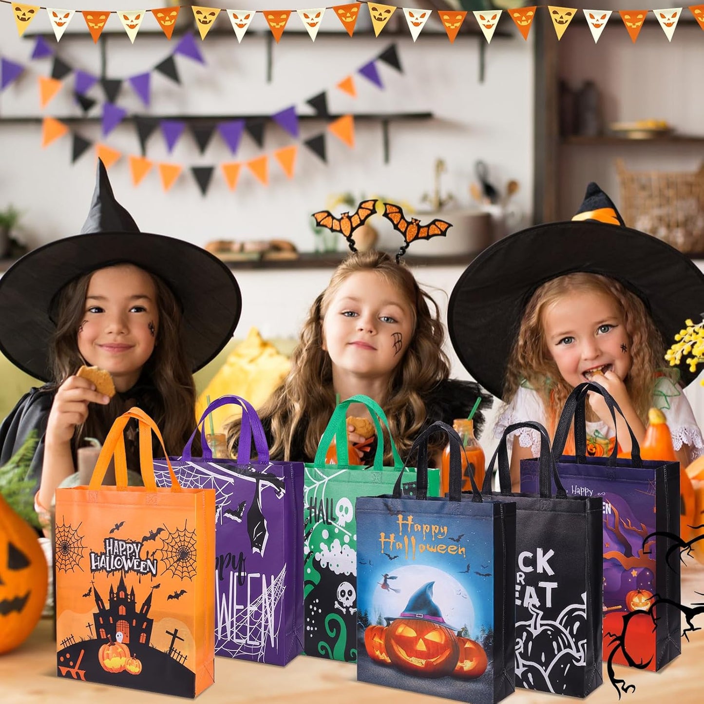 6PCS Halloween Trick or Treat Bags Halloween Large Gift Bag Halloween Tote Bags with Handles, Halloween Non-Woven Bags for Trick or Treat, Halloween Party Supplies, 15×11.8×3.9”