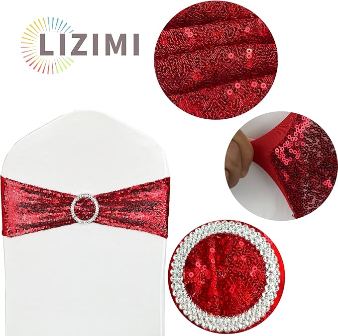 Sequin Chair Sashes Stretch Chair Bands Spandex Polyester Bows for Party Hotel Wedding Banquets Decoration - 6 Pcs Red