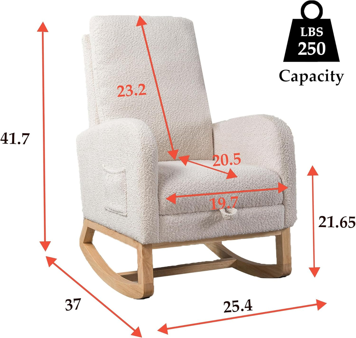 Nursery Rocking Chair with Foot Rest, Upholstered Glider Chair with Two Side Pockets, High Back Nursing Chair, Rocker Accent Armchair for Bedroom Living Room (Ivory)