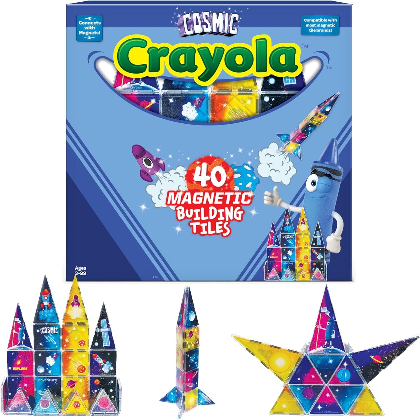 CreateOn Crayola Cosmic Magnetic Tiles, Building Set for Kids, Magnetic Building Toys for Kids, STEM Learning Toys for Boys and Girls Ages 3 and Up, 40-Piece Set (Cosmic)