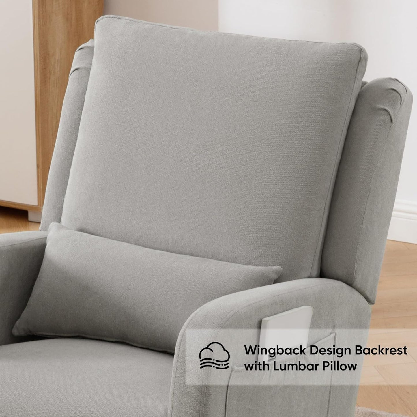 Rocking Chair Nursery, Upholstered Fabric Nursing Rocking Chairs with Lumbar Pillow, Modern Nursery Glider Rocker Morden Accent Rocking Chair for Mom Nursery, Living Room, Bedroom, Grey