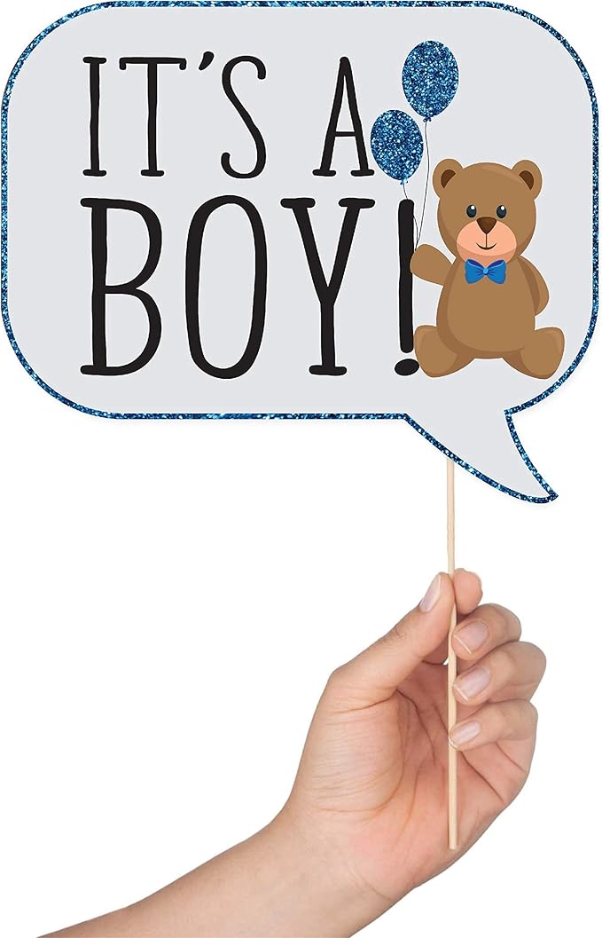 Boy Baby Shower Photo Booth Props - 41-pc Photo Booth Kit with 8 x 10-Inch Sign, 60 Glue Dots, 45 Sticks - Picture Props for Baby Shower