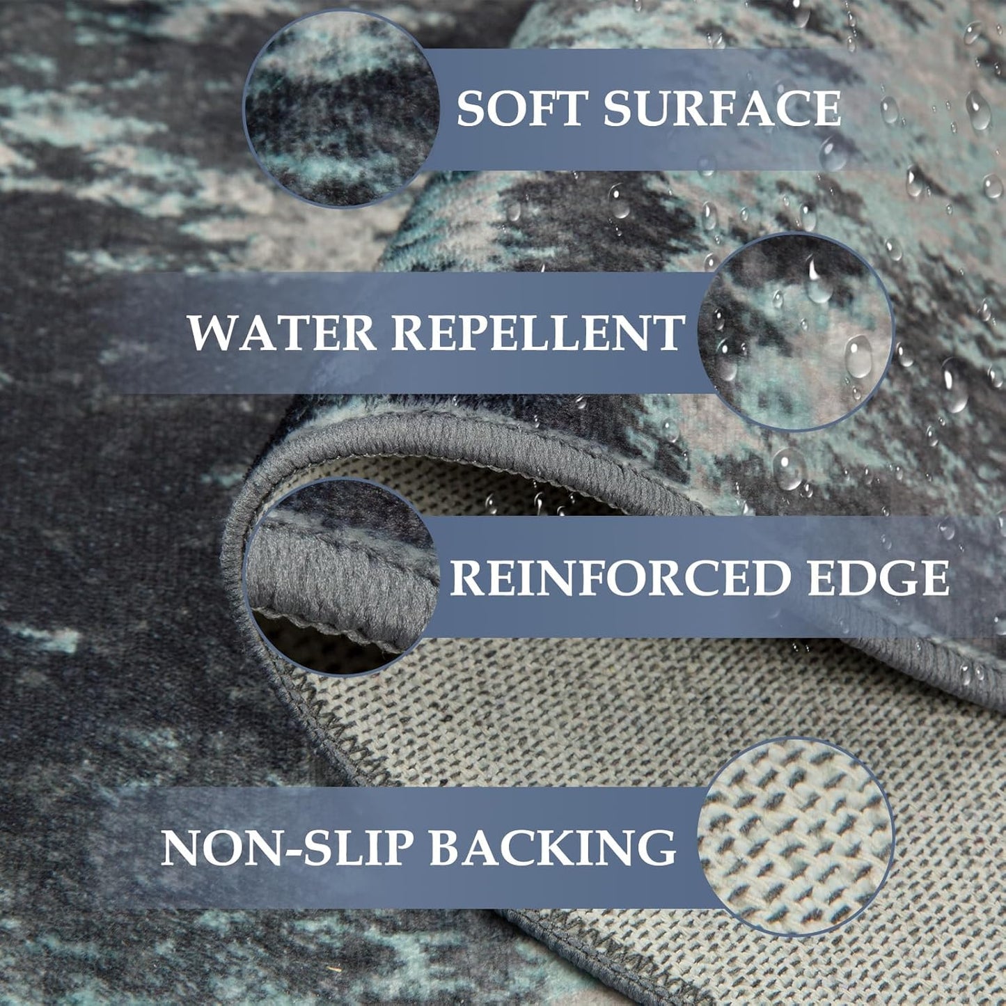 Washable Area Rugs 6'x9' Non-Slip Modern Abstract Soft for Living Room Entryway Bedroom Nursery, Print Pattern, Blue Black Teal