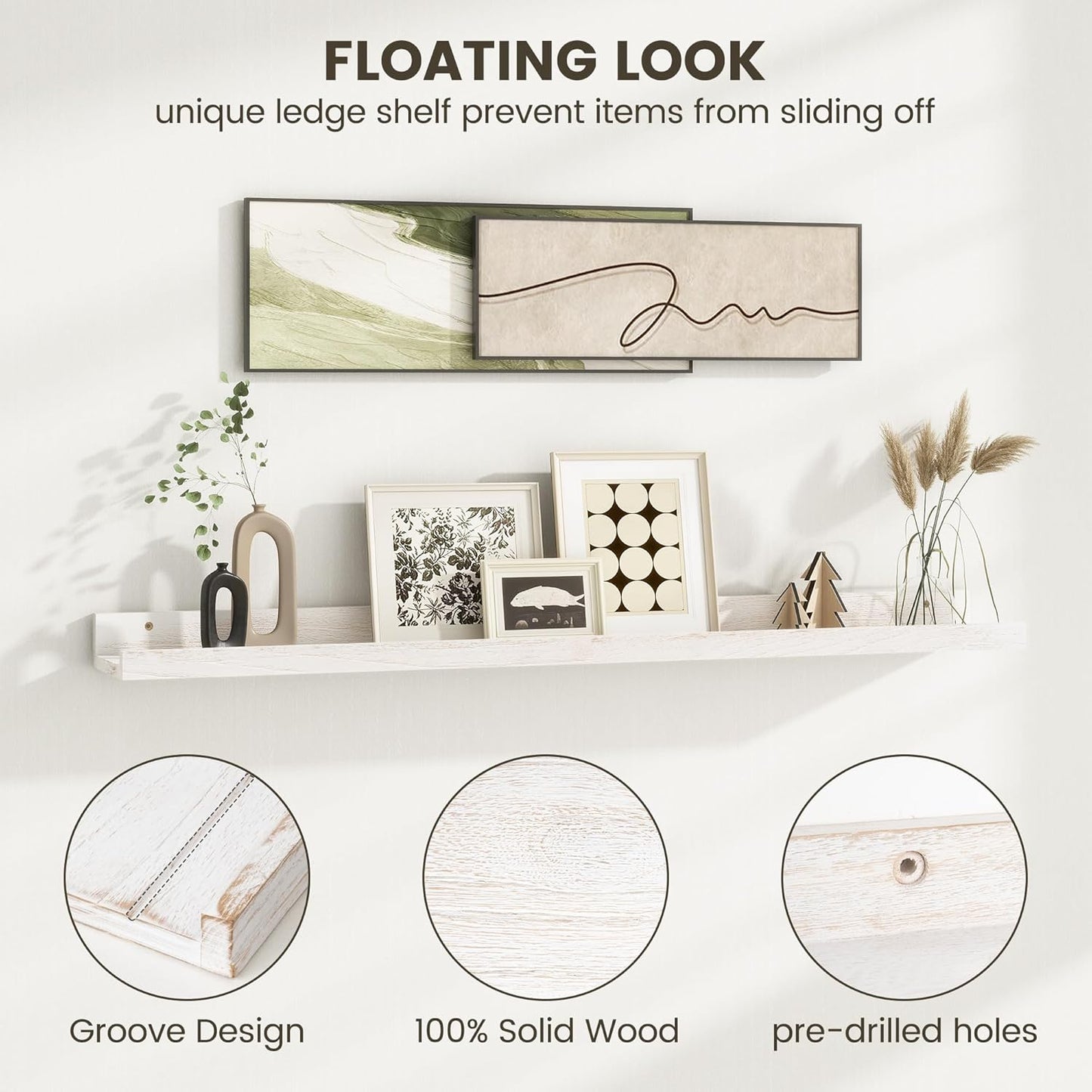 Picture Ledge Shelf, 48 Inch Long Floating Shelves for Wall, Nursery Bookshelf for Storage with Lip, Rustic Elm Wood Photo Ledge Shelves for Bedroom, Living Room, Kitchen (White, 48in Set of 2)