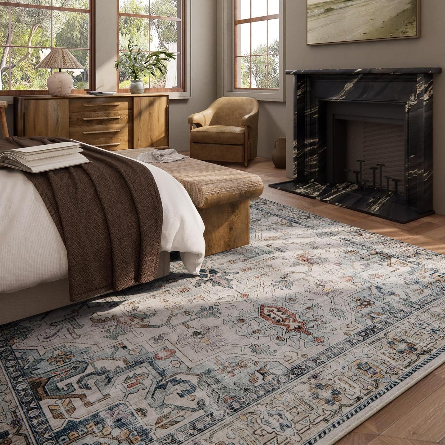 9x12 Area Rugs for Living Room: Washable Bedroom Rug Boho Vintage Rugs Stain Resistant Non Slip Low Pile Soft Lightweight Carpet for Kitchen Dining Room Farmhouse Nursery Kids Room Home Office