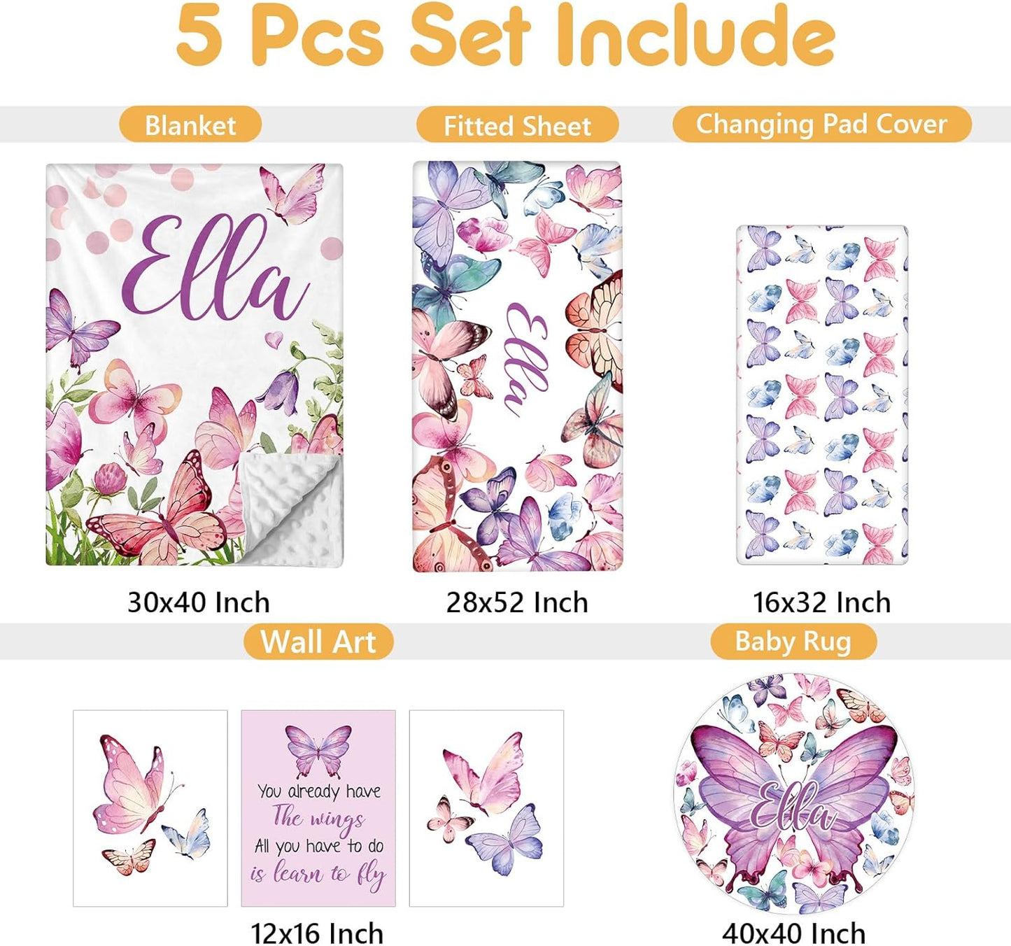Personalized Baby Bedding Set, 5 Pcs Custom Infants Bedding Set with Infant Name, Double Layer Nursery Crib Set for Girls Boys, Customized Gifts for Toddler Baby Shower, Pink & Purple Butterfly