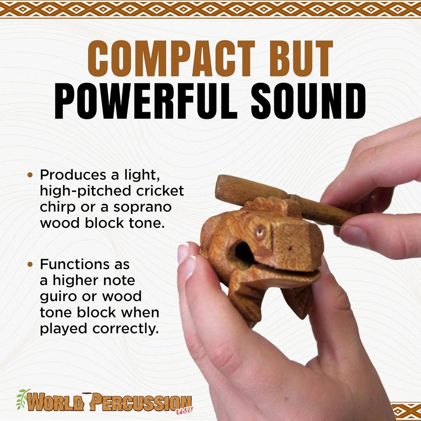 Deluxe Small 2" Wood Frog Guiro Rasp - Percussion Musical Instrument Tone Block - Wooden Instrument with Stick, Noise Maker by World Percussion USA
