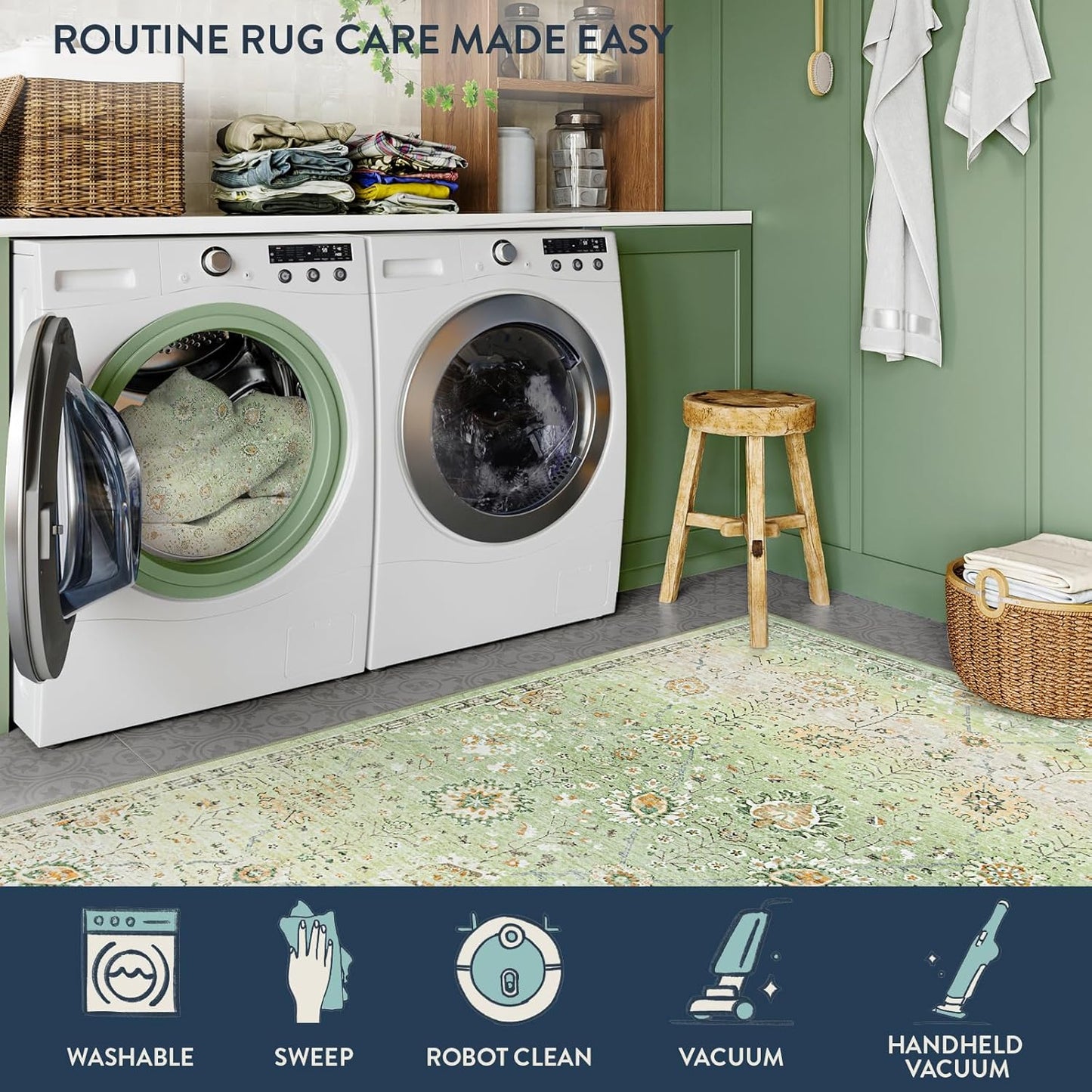 Lahome 5x7 Sage Green Rugs for Bedroom, Soft Boho Rug for Living Room, Machine Washable Floral Carpet Non Slip for Nursery Playroom Indoor