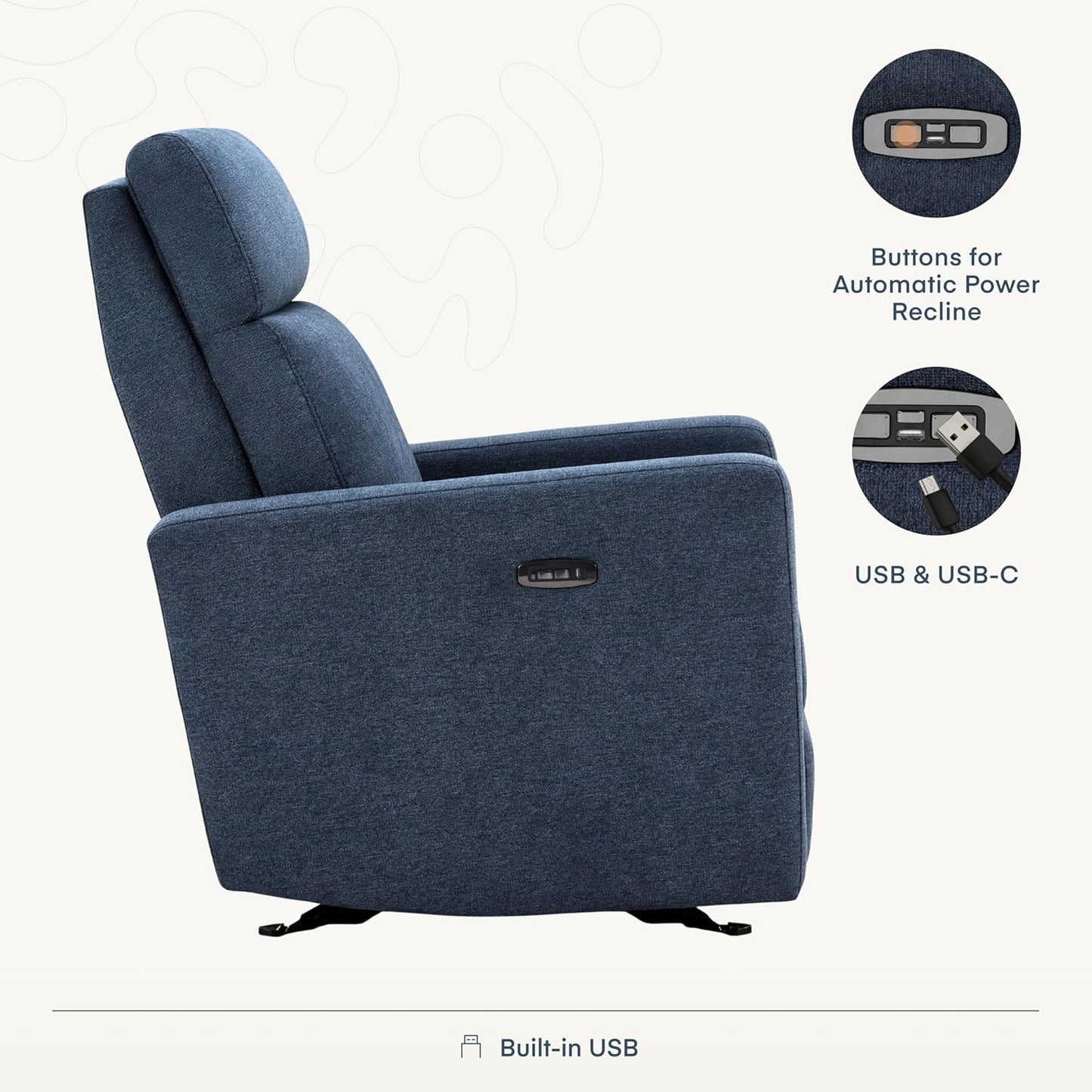 Nurture& The Glider – Premium Power Recliner Nursery Chair with Stationary Headrest | Designed for Comfort and Simplicity | Built-in USB Charger
