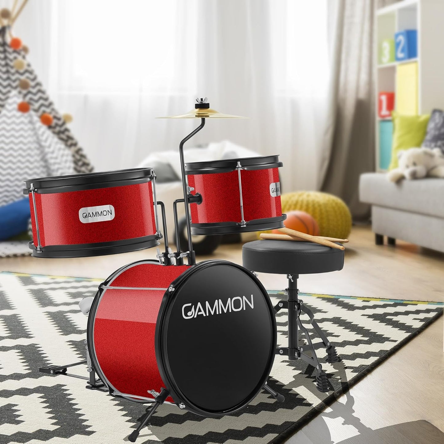 Gammon 3-Piece Junior Drum Set with Throne - Red, Complete Beginner Kit with Bass Drum, Toms, Cymbal, Pedal, and Drumsticks