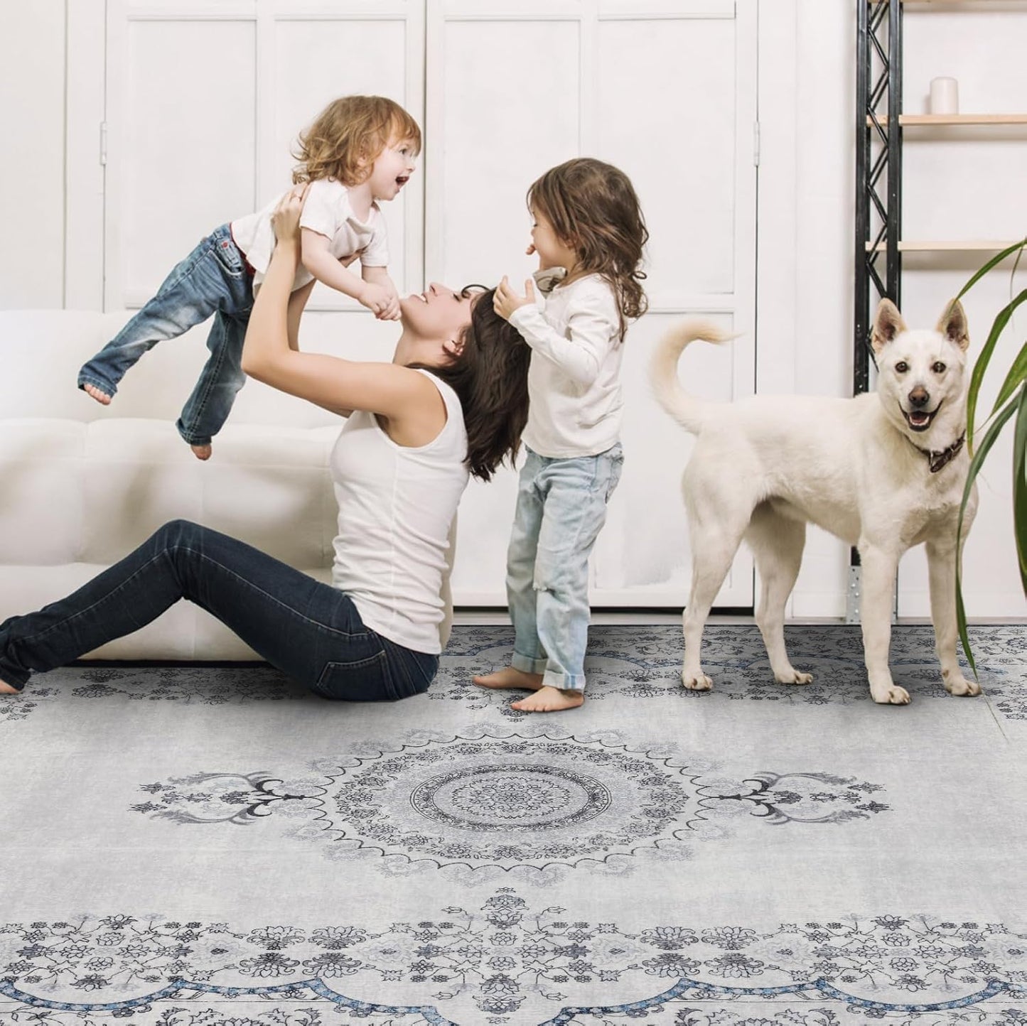 4x6 Washable Area Rug for Living Room, Carpet for Bedroom, Soft Faux Wool Retro Dining Room Rug, Non Slip&Non-Shedding Resistant Low Pile Vintage Print Rug for Home Office (Grey/Blue)