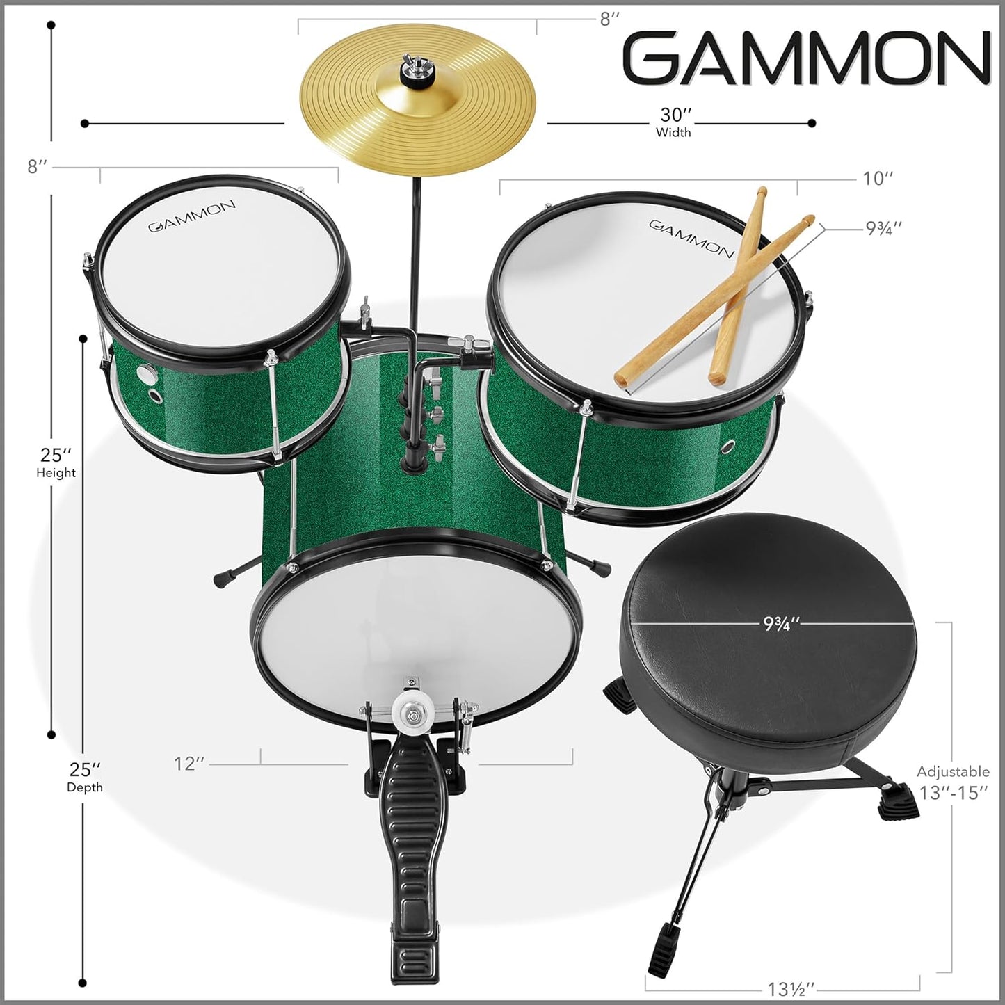 Gammon 3-Piece Junior Drum Set with Throne - Green, Complete Beginner Kit with Bass Drum, Toms, Cymbal, Pedal, and Drumsticks