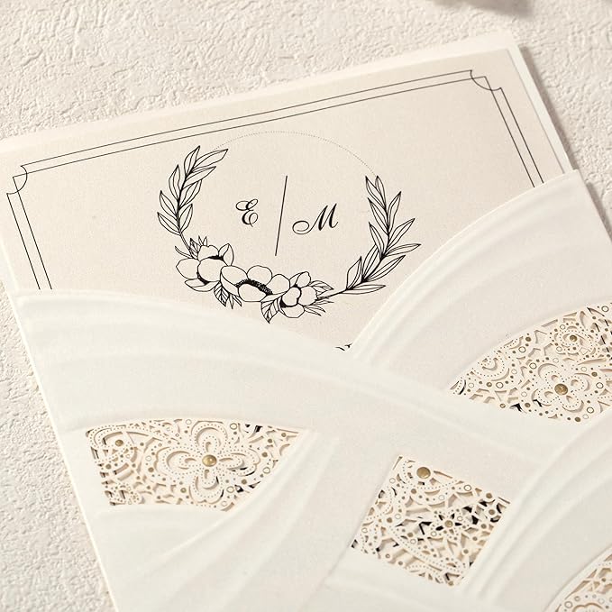 50pcs Laser Cut Wedding Invitations with Envelopes Ivory White, 5x7.3 Personalized Invitation Cards for Wedding