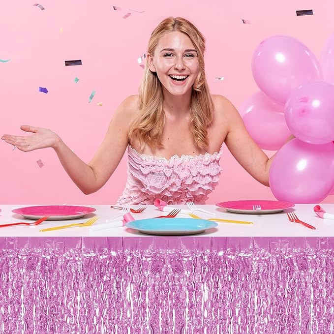 4P Wavy Metallic Tinsel Foil Fringe Table Skirts for Rectangle Tables Backdrop Garland Curtains for Parade Floats Wedding Birthday Parties Decoration Graduation 2025 Christmas (Pink)