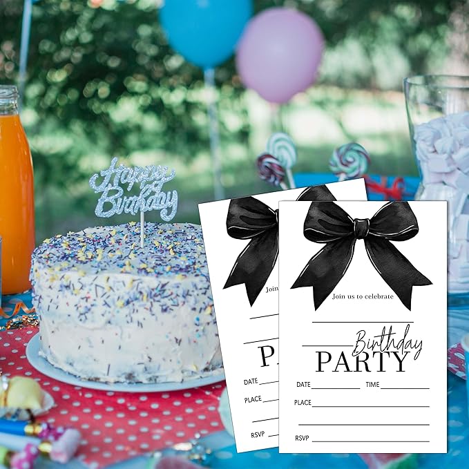 SIXEIGHT Black Bow Birthday Invitations, Black Ribbon Bow Birthday Party Invitations, 20 Party Invitations with Envelopes for Girls Boys, Birthday Party Favor & Decoration (4"x6")-A11