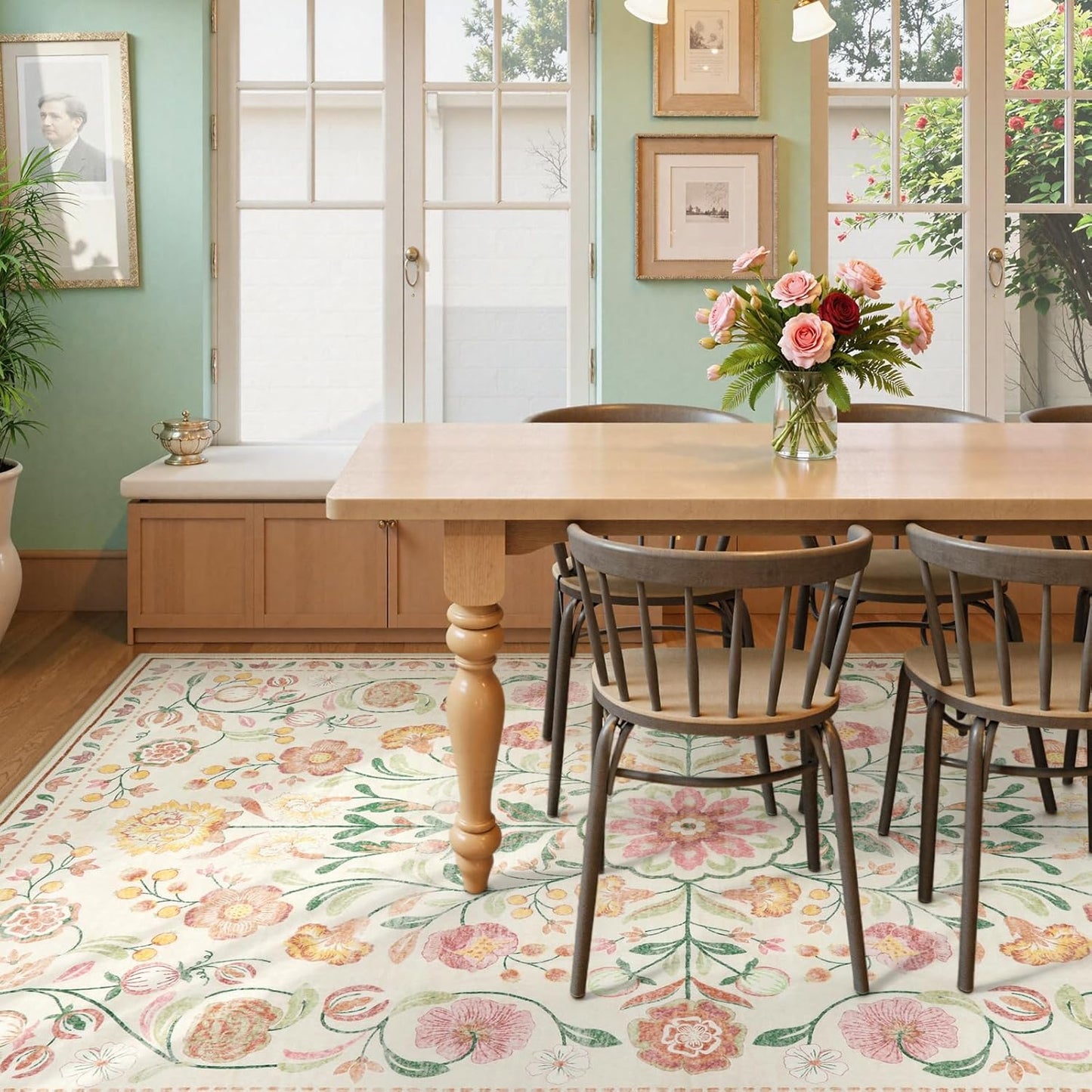 Anidaroel Boho Beige Rugs for Living Room 8x10, Machine Washable Soft Large Bedroom Rug, Non Slip Vintage Floral Area Rug, Low Pile Dining Room Mat Accent Floor Carpet for Farmhouse