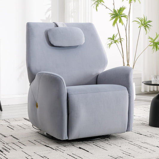 Glider Rocking Chair Nursery, Swivel Rocker, Power Recliner Chair, Nursery Glider Recliner with Adjustable Headrest, USB Ports, Living Room Chairs, Fabric (Fabric Blue, Adjustable Headrest)