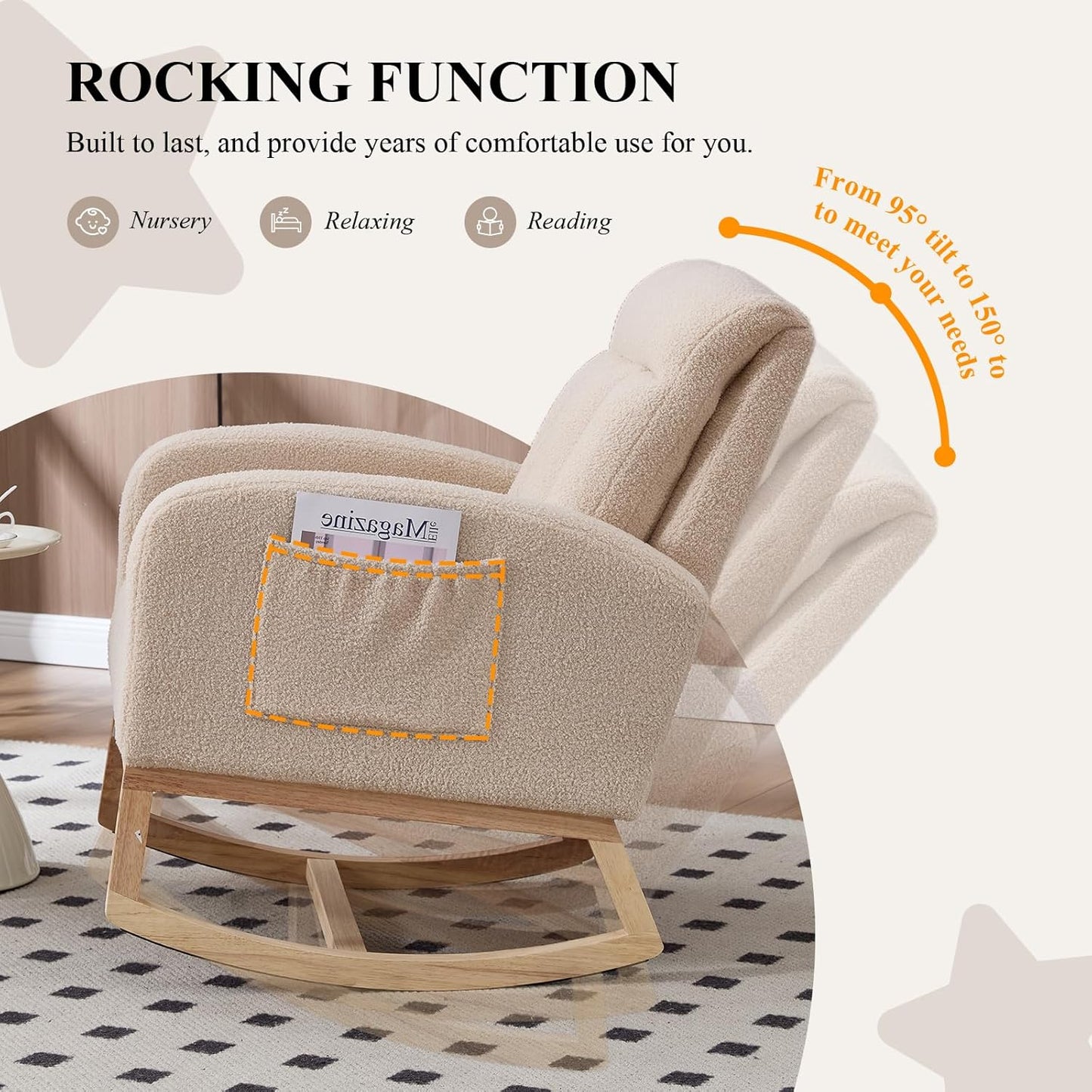 NIOIIKIT Nursery Rocking Chair, Teddy Upholstered Glider Chair with Side Pocket, Glider Rocker Chair with Tufted Back, Comfy Accent Nursing Chair for Living Room (Beige Modern)