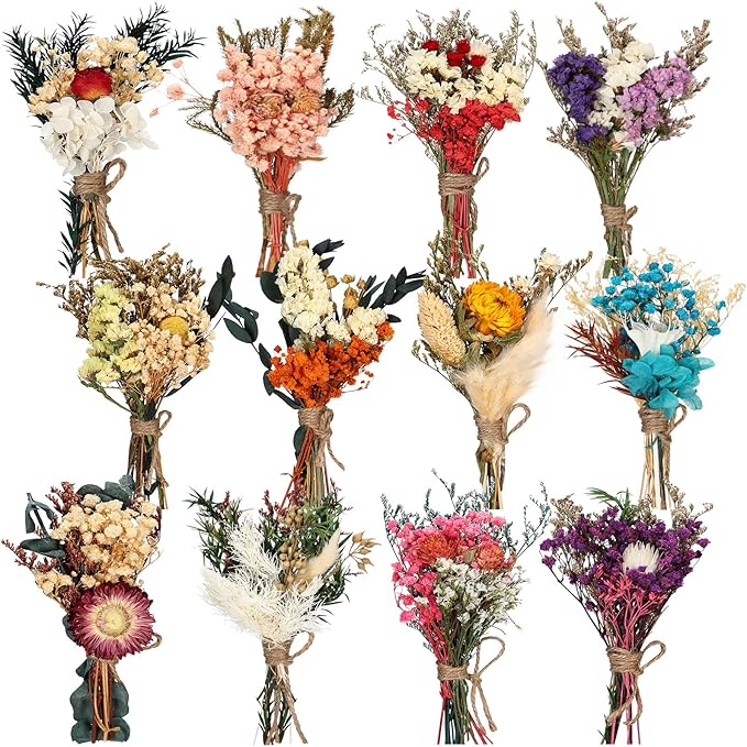 Layhit 12 Pack Boho Dried Flower Bouquet Mini Wedding Handmade Dry Flowers Decor for Vase Crafts DIY Photo Boutonniere for Men Floral Plant for Bridesmaid Gift Birthday Decor