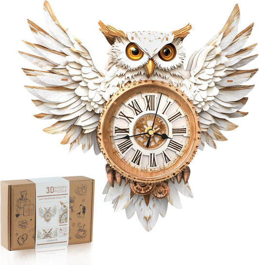 3D Wooden Puzzles for Adults,Snowy Owl DIY Clock Kit with Pendulum - Creative Gift Idea,Beginner 31 Pieces 3D Puzzles for Teens & Adults Home Decor