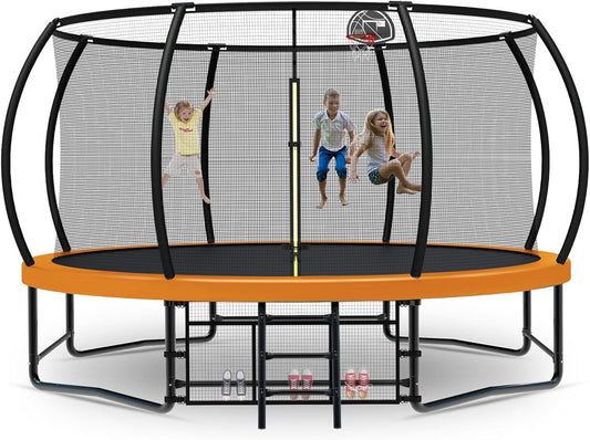 Tatub Large Trampolines Outdoor 10 12 14 15 16FT for Kids and Adults,Outdoor Recreational Pumpkin Trampolines with Curved Poles and Safety Enclosure Net, Basketball Hoop, Ladder