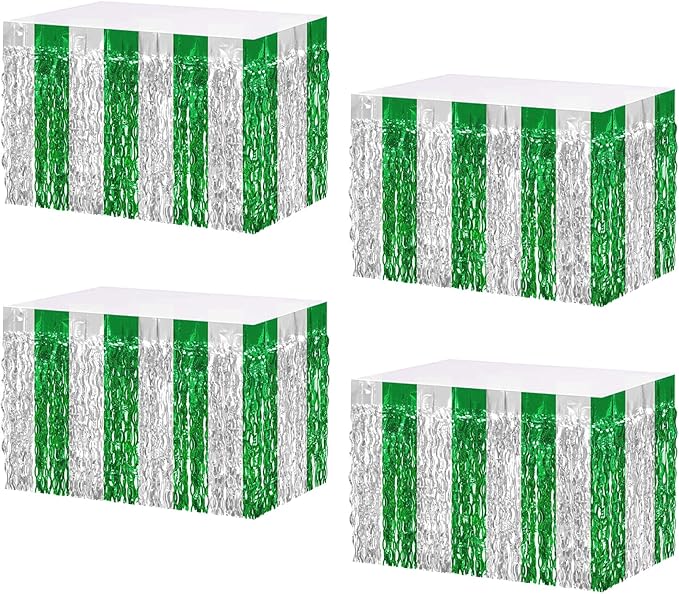 4P Wavy Metallic Tinsel Foil Fringe Table Skirts for Rectangle Tables Backdrop Garland Curtains for Parade Floats Wedding Birthday Parties Decoration Graduation 2025 Christmas (Silver Green)