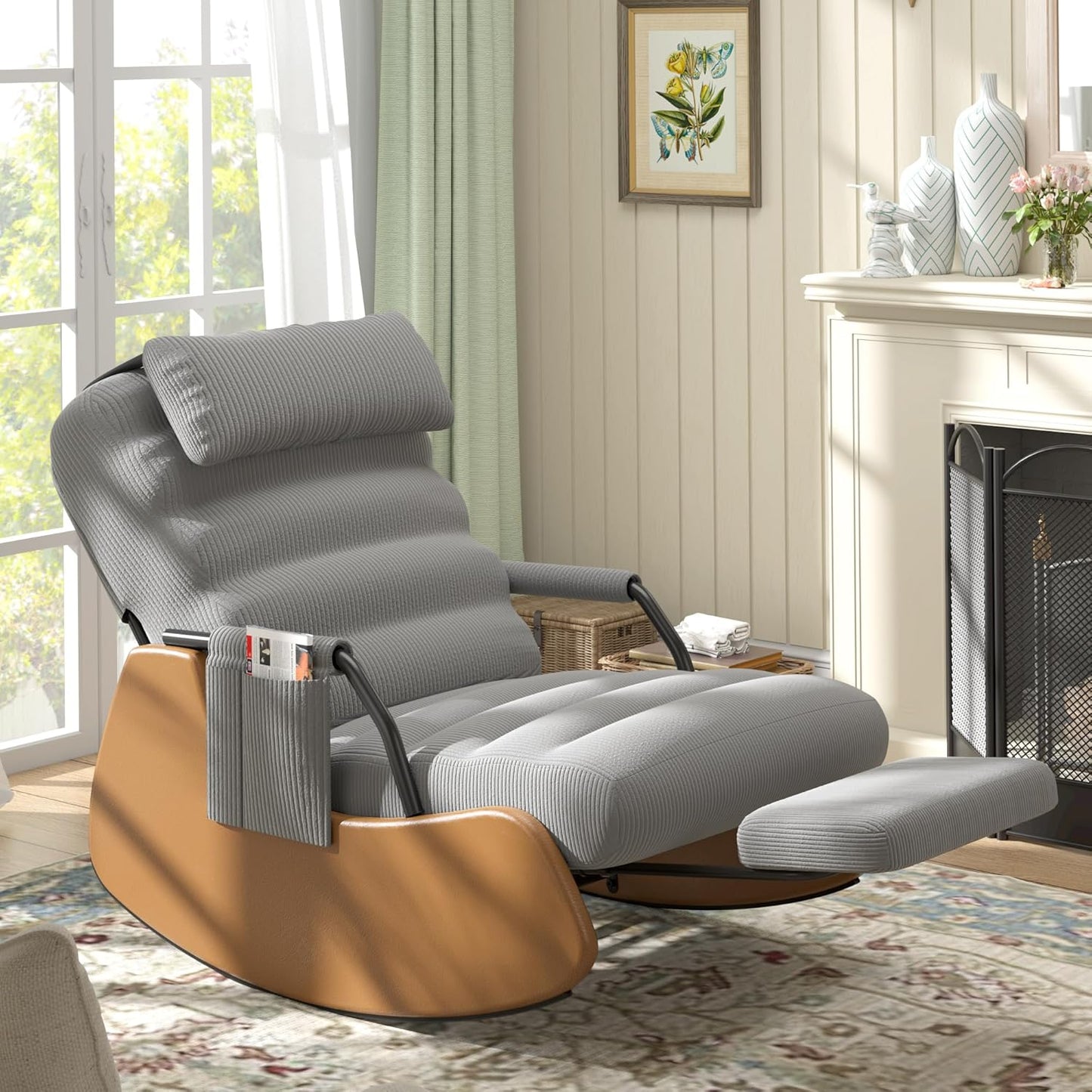 Polar Aurora Nursery Rocking Chairs with Soft Seat and Headrest,Corduroy Fabric Accent Chair with Side Pocket,Glider Rocking Chair for Bedroom/Living Room/Nursery. (Dark Grey/Brown)