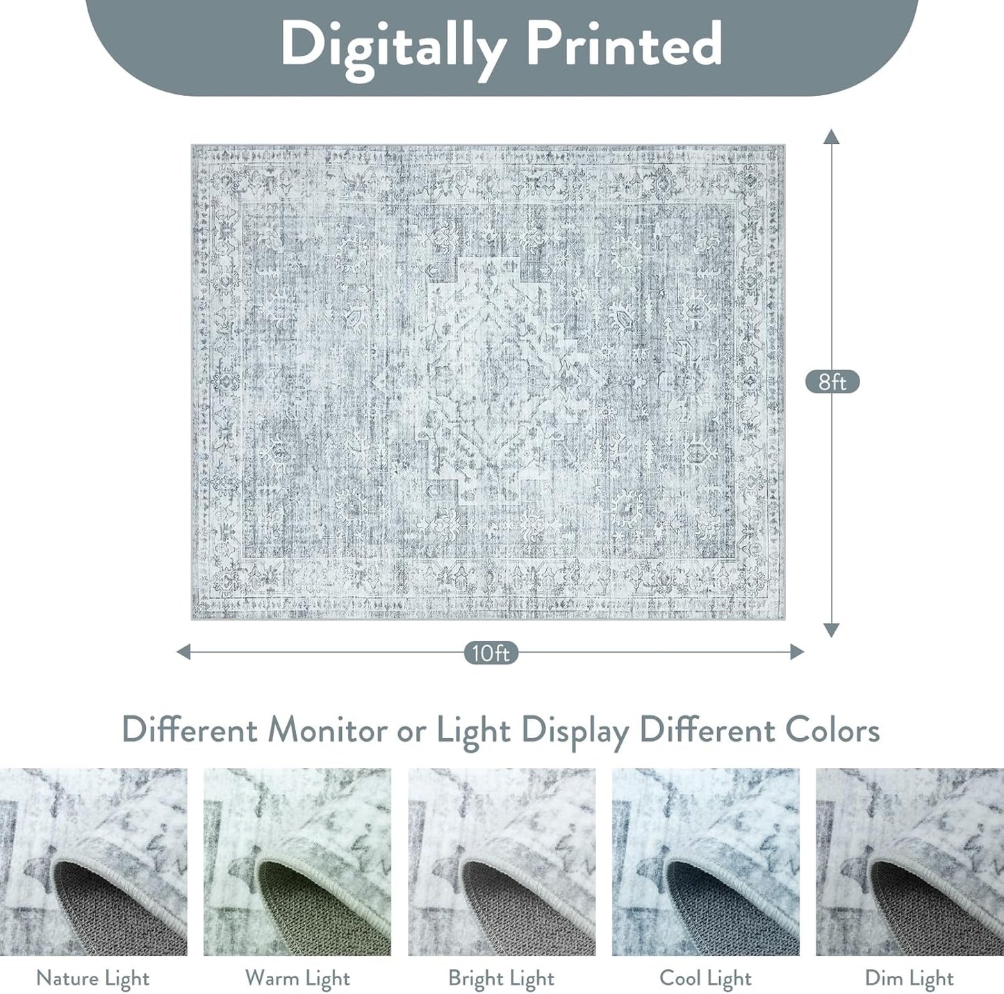 LIVEBOX Washable Area Rug 8x10 Rugs for Living Room Bedroom, Non-Slip Boho Neutral Carpet for Dining Room Office, Low-Pile Farmhouse Soft Carpets for Kids Nursery Room Playroom, Grey