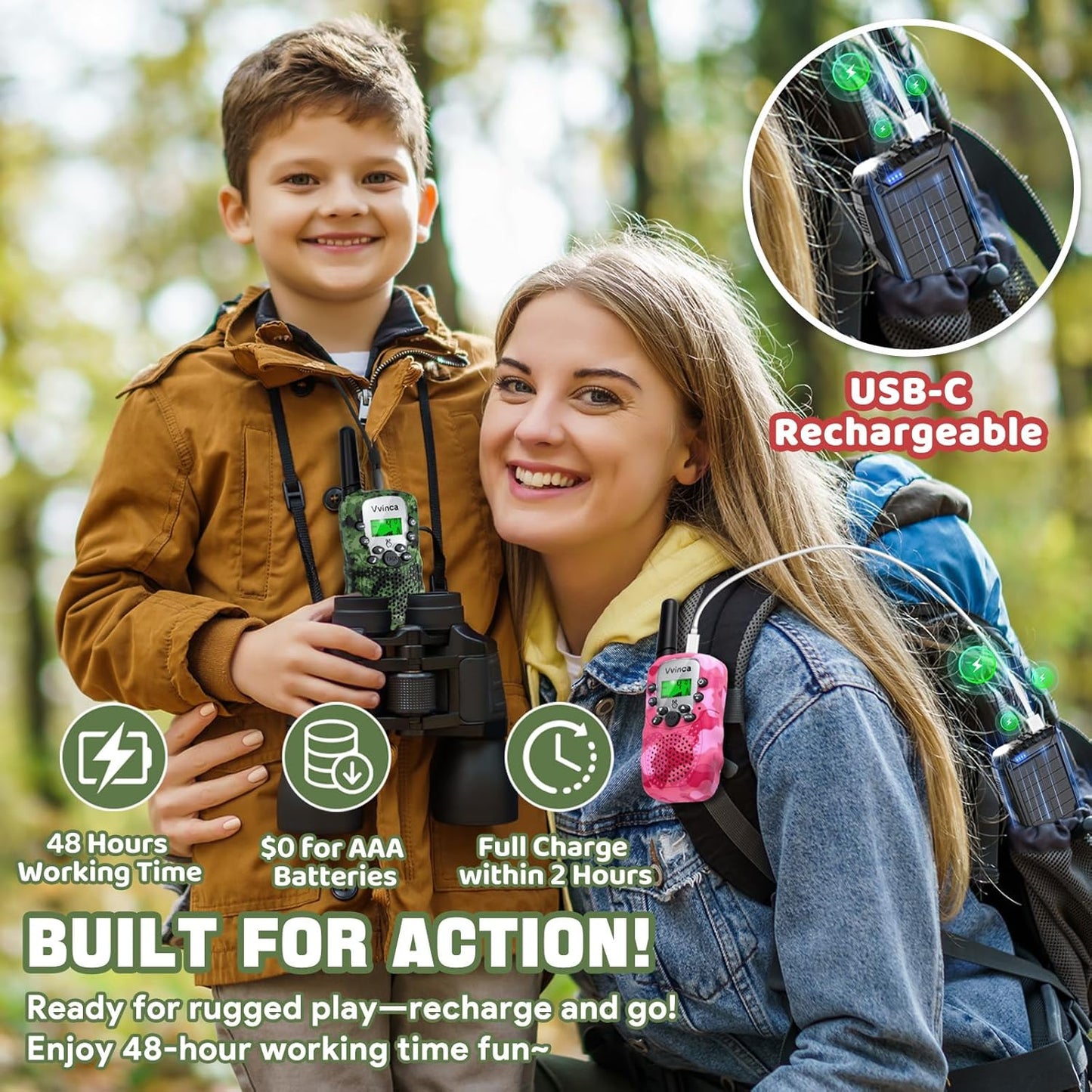 Vvinca Walkie Talkies for Kids Rechargeable 2 Pack, Army Toys for Boys Girls Ages 3-13 Outdoor Military Camping Toy, 3KM Long Range Walkie-Talkie 2 Way Radios 22 CH with Flashlight Birthday Gift