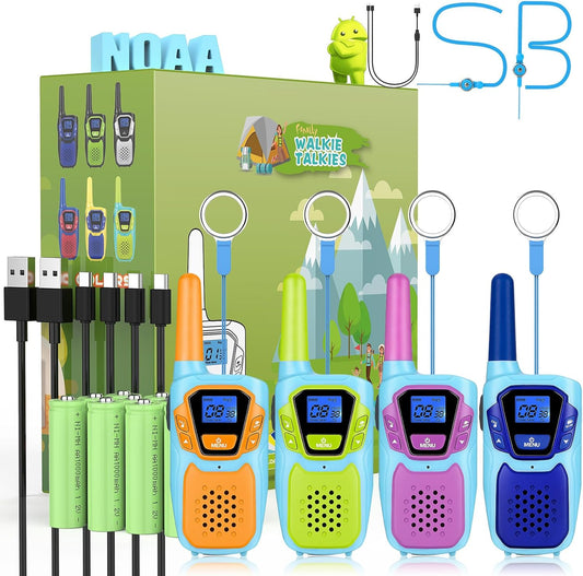 Walkie Talkies for Kids Rechargeable 4 Pack Walkie-Talkies Long Range 4 Miles NOAA FRS 2 Way Radio for Adults Camping Skiing Cruise, Family Adventure Toys for 3-12 Year Old Boys Girls Toddlers