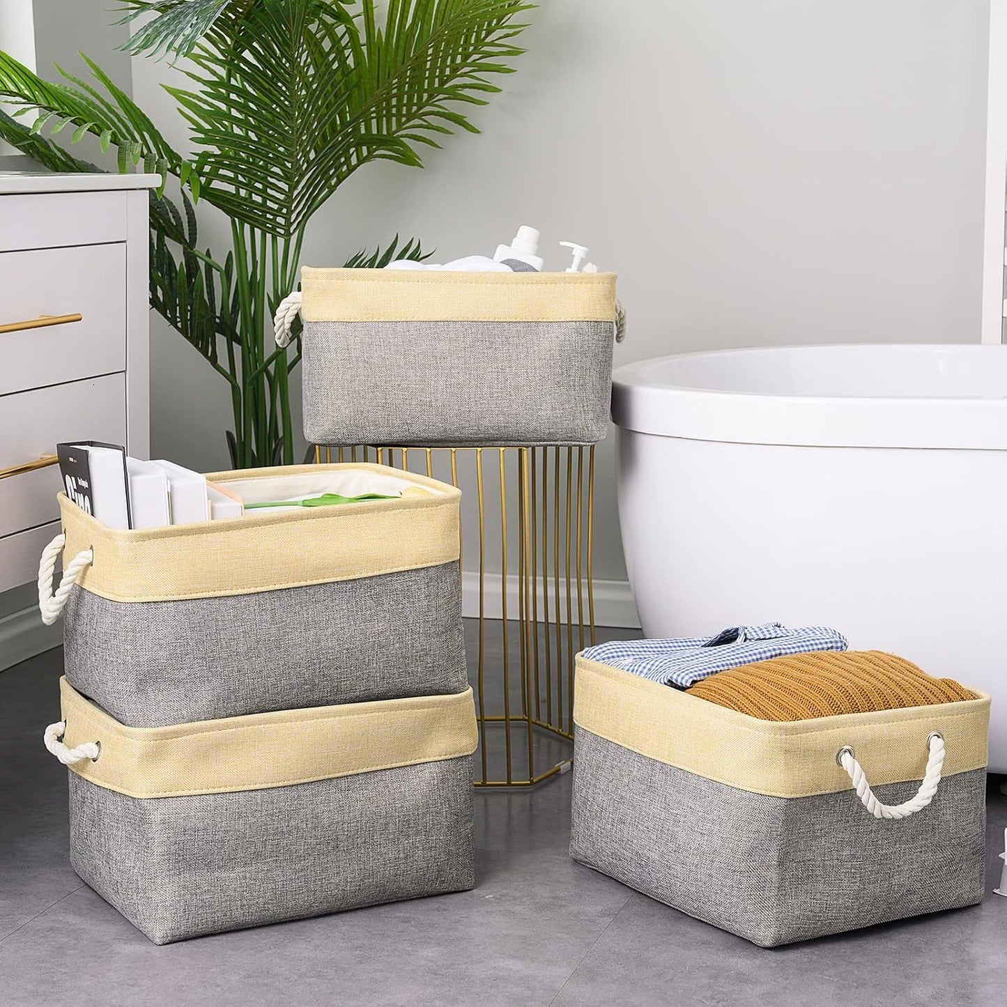 TheWarmHome Storage Basket for Organizing - 3 Pack 14x10x7 inch Large Collapsible Storage Bin for Shelves, Fabric Storage Cubes for Organizer ClosetCloth Gift Toy (Grey & Gold)