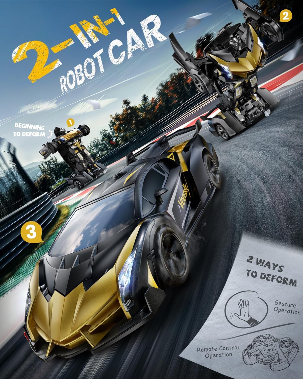 V992 Transform Remote Control Car, Transform Robot RC Cars, 1:14 Scale, 2-in-1 Robot Toy Car with Sound & Light, Gesture Sensing, Automatic Deformation, Great Gift Toys for Boys and Girls 4-6 (Golden)