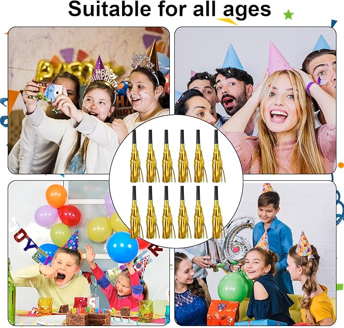 24 Pcs Party Horns, Party blowers Noise Makers, Graduation Noise Makers Glitter Metallic Fringed Birthday Blowers for Wedding Birthday Graduation Ceremony Festival (Gold)