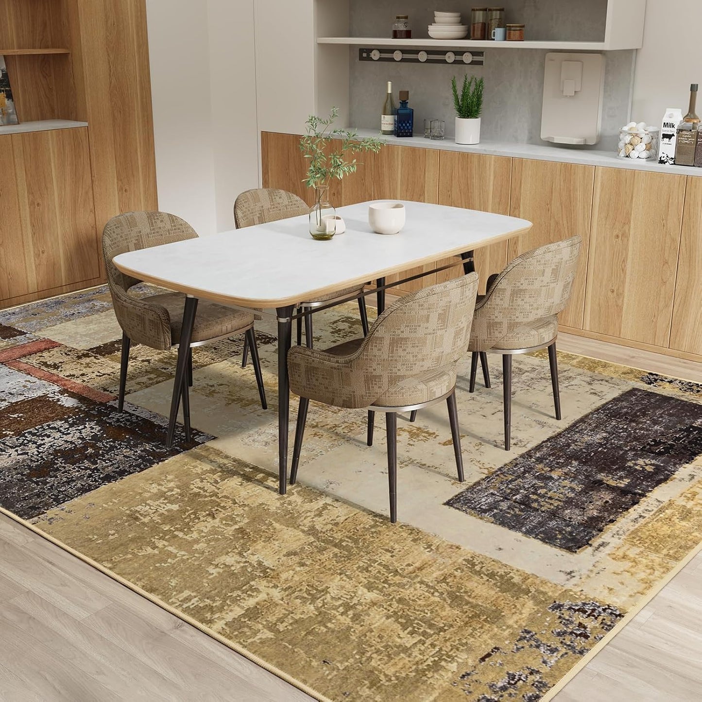 LOCHAS Rug for Living Room, Washable Soft Area Rugs for Bedroom 8x10, Abstract Carpet for Indoor Office Kids Dining Room Nursery Floor, Khaki Geometric Vintage Home Decor, Non Slip, Pet Child Friendly