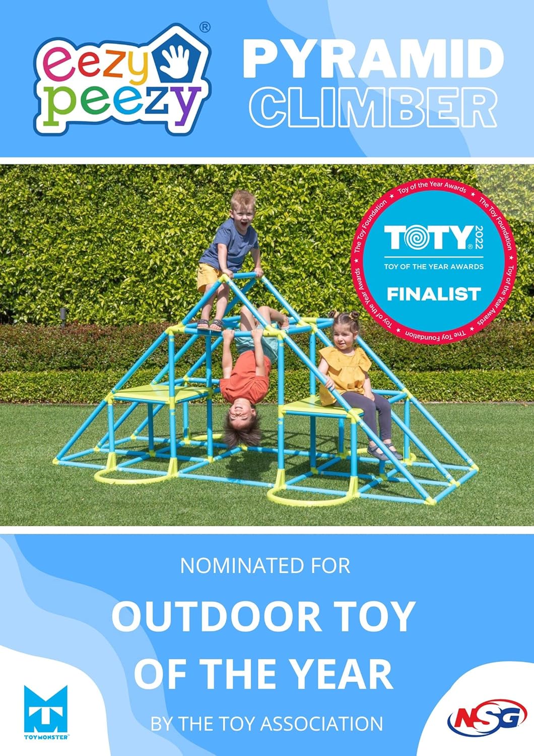 Eezy Peezy Mega Pyramid Monkey Bars Climbing Tower Active Outdoor Fun for Kids Ages 3 to 8 Years Old, Blue/Green